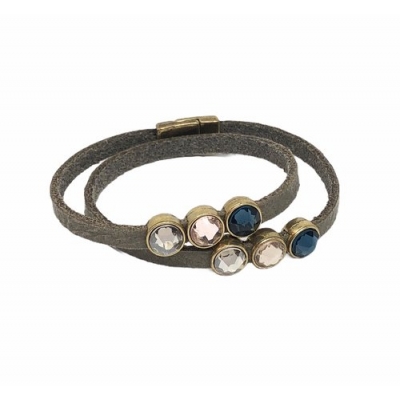 Leather Bracelet Taupe & Bronse with Gem Stones