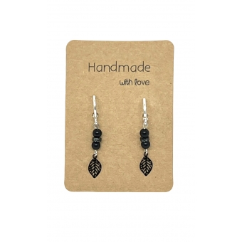 Earrings DQ Silver & black Miyuki Beads and Black Leaf charm