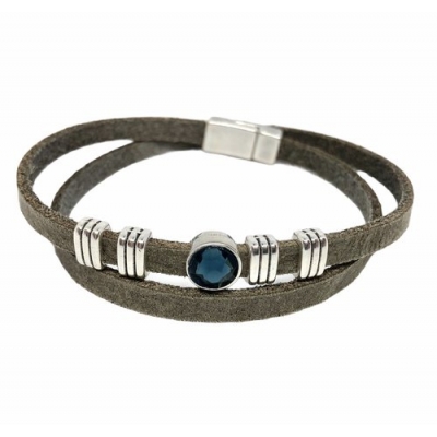 Leather double Bracelet Dark taupe & Blue Stone.
