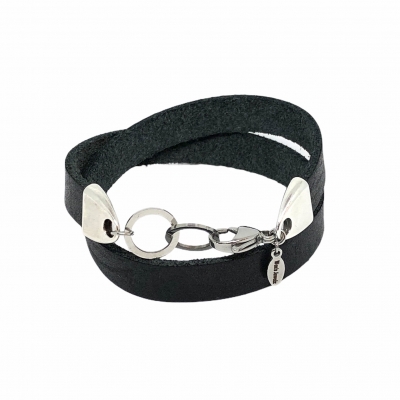 Leather Bracelet Double Black  & Ring Lock