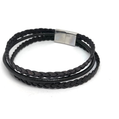 Men Bracelet Black Triple with Stainless Steel Lock