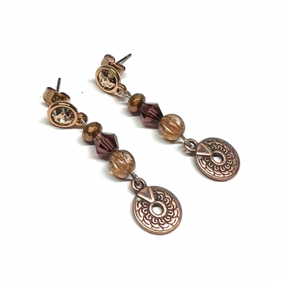 Earrings DQ Rose Metal Studs & Brown Beads