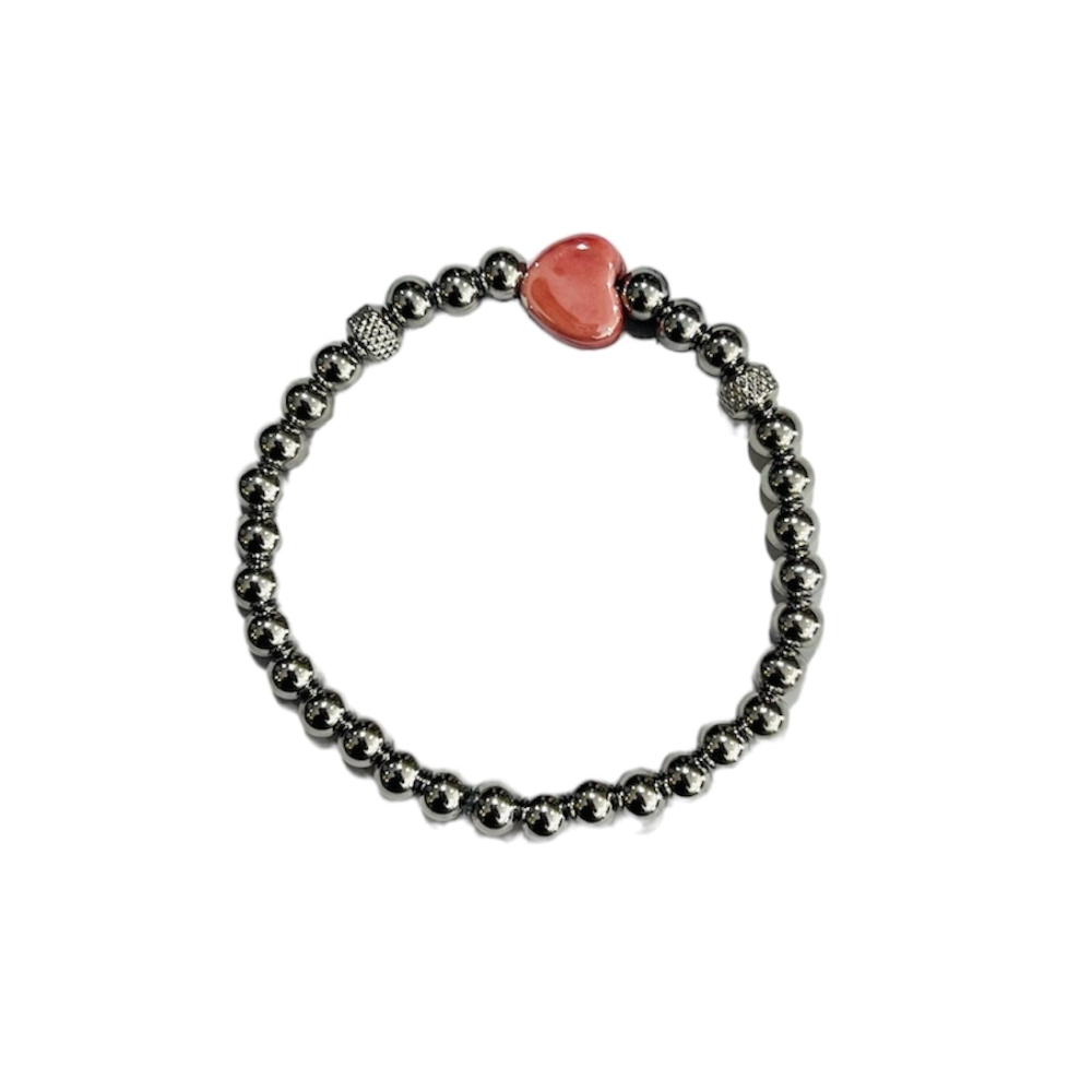 Bracelet SST beads silver & pink heart