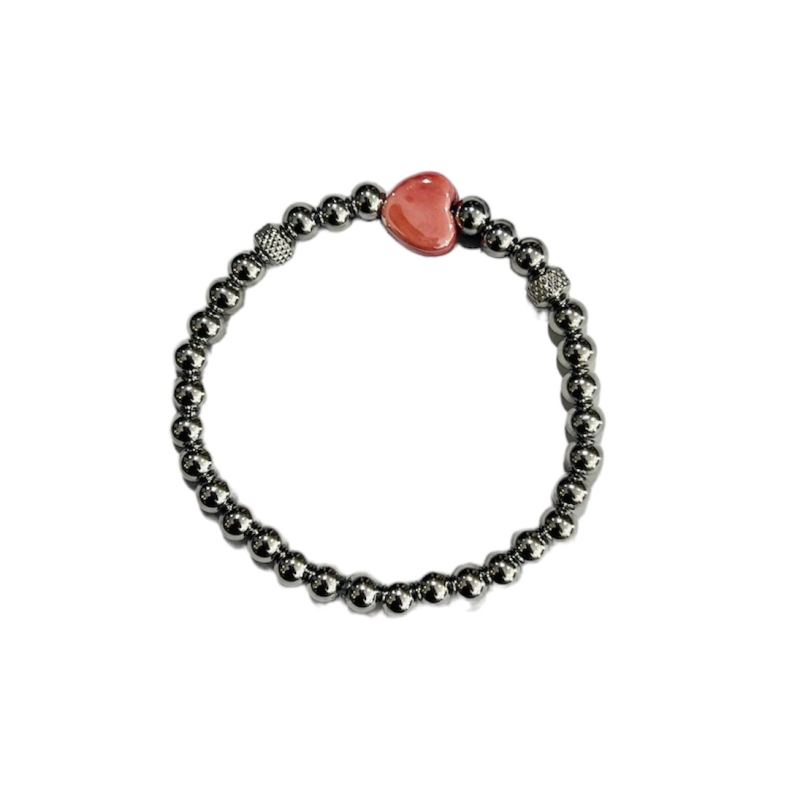 Bracelet SST beads silver & pink heart