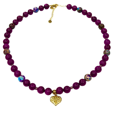 Big Bead Necklace Purple Gold Heart