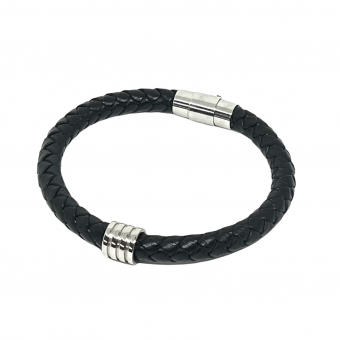 Leather Big Men Bracelet Round Black & Silver