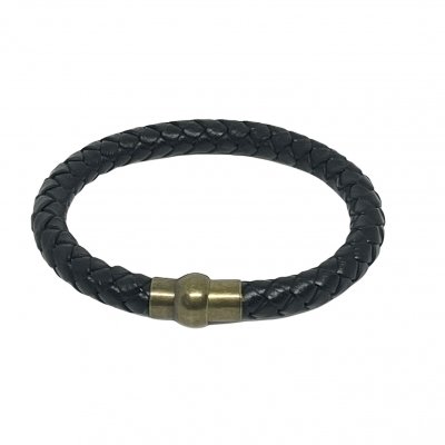 Leather Big Men Bracelet Round Black & Bronze