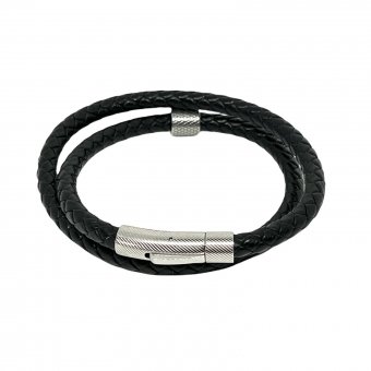 Leather Men Bracelet Double Round Black Braided