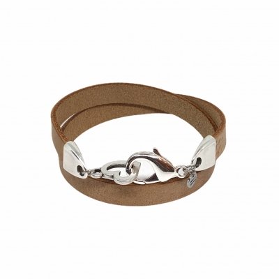 Leather Bracelet Double Light Brown & Heart Lock