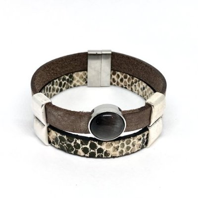 Leather Bracelet Double Brown & Snake Print and a grey Cabochon.